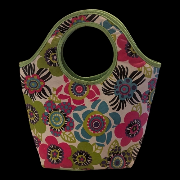 Floral Handled, Zip Top, Insulated W Pocket Lunch Medication Bag 13"Lx12"Wx4"D - Picture 2 of 12